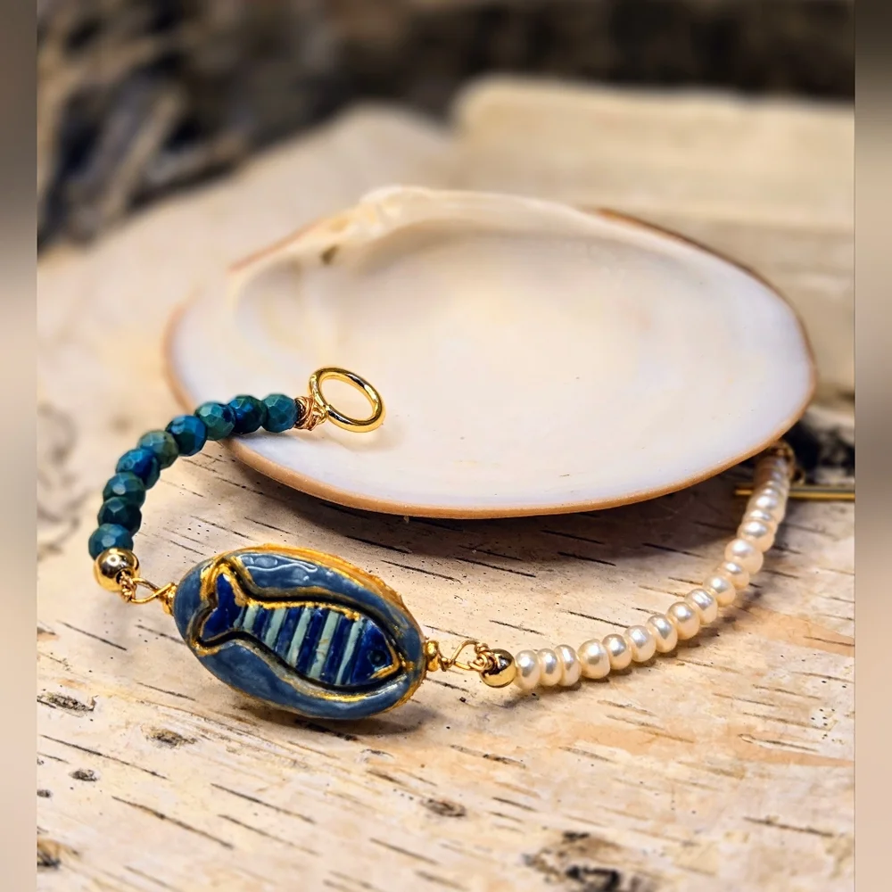 Santorini Inspired Handpainted Blue Fish, Azurite & Pearld In Artisan Bracelet